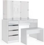 Vicco Kaptafel set met kruk Sherry, Wit, 120 cm met spiegel, LED-lichtslinger en bank