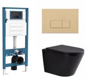 QeramiQ Dely Toiletset - inbouwreservoir Qeramiq Flush - 35mm zitting - kunststof beige bedieningsplaat - rechthoekige knoppen - mat zwart