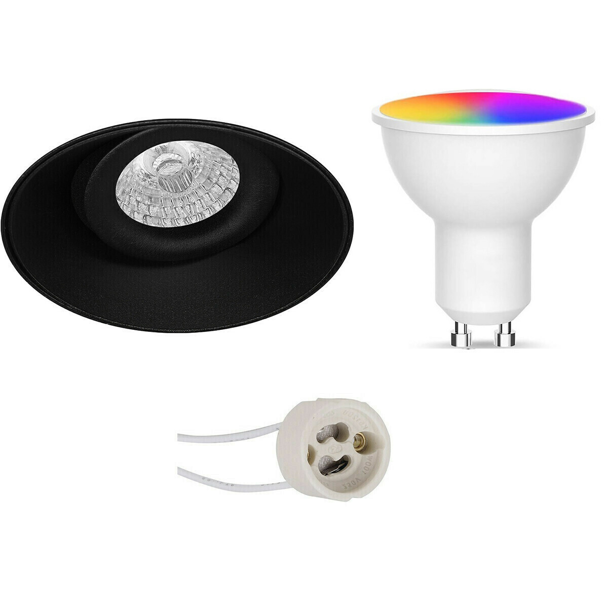 BES LED Voordeelset LED Spot Set GU10 - Facto - Smart LED - Wifi LED - Slimme LED - 5W - RGB+CCT - Aanpasbare Kleur - Dimbaar - Afstandsbediening - Pragmi Nivas Pro - Inbouw Rond - Mat Zwart - Trimless - Kantelbaar - Ø150mm