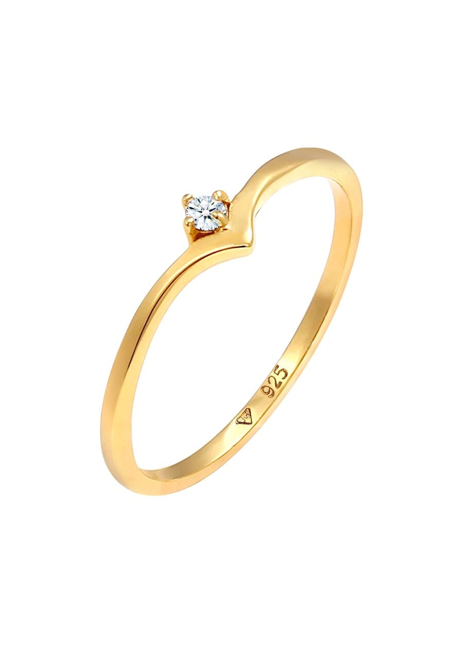 Elli DIAMONDS Elli DIAMONDS Elli DIAMONDS Ring Dames Solitaire V-vorm Elegant met Diamant (0,03 ct.) in 925 Sterling Zilver Verguld Ringen