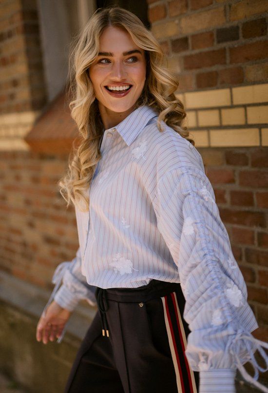 NUKUS Rosa Blouse Stripe Dames - Lichtblauw - Maat L