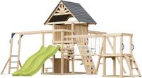 AXI Hunter Speeltoestel met Schommels, Klimrek, Klimbrug en meerdere Platforms – Limoen Groene Dubbele Glijbaan - FSC 100% hout – Speeltoren voor de tuin / buiten