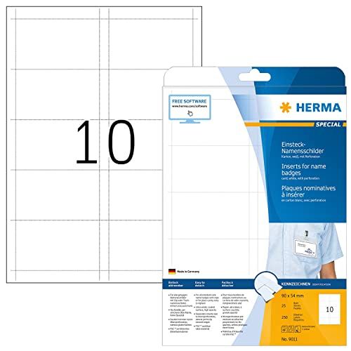 HERMA 9011 naamkaartjes voor kleding A4 (90 x 54 mm, 25 vellen, karton) geperforeerd, bedrukbaar, niet-klevende insteekkaarten, 250 insteeketiketten, Wit