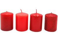 Dekohelden24 Adventskaarsen, stompkaarsen, adventskranskaarsen, tafelkaarsen, blokkaarsen, tafelkaars in adventsrood - rode glitter, levering 4 stuks, L/B/H 5 x 5 x 7 cm.
