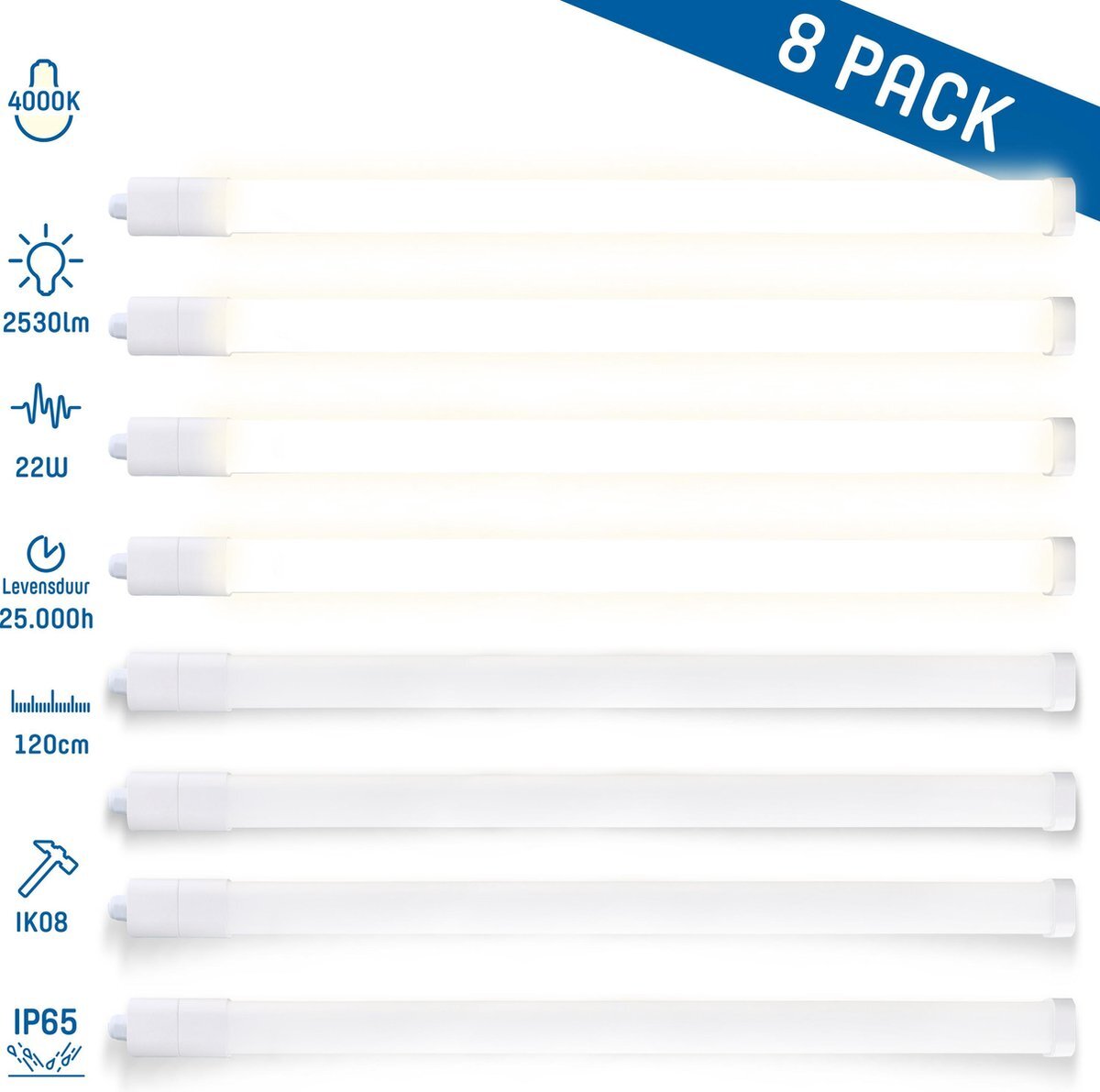 LED.nl LED TL armatuur inclusief lampen - Waterdicht IP65 - Set van 8 LED balken - 22W - 120cm