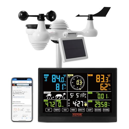 VEVOR Professioneel draadloos weerstation, 7-in-1 op zonne-energie, 7,5 inch display, 150 m transmissiebereik, buitensensor voor windsnelheid, windrichting, temperatuur, luchtvochtigheid, neerslag