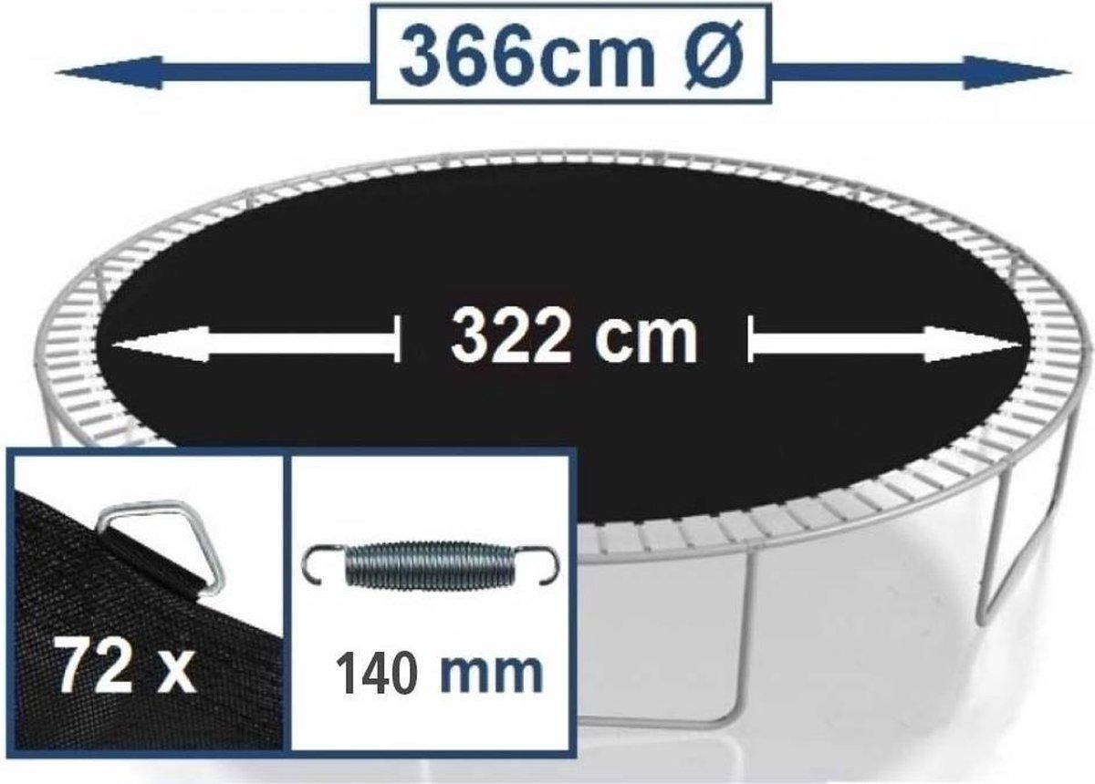 Rainbow Trampolines Springmat Trampoline 366 cm. met 72 ringen voor 14 cm. veren STB12BK - Zwart