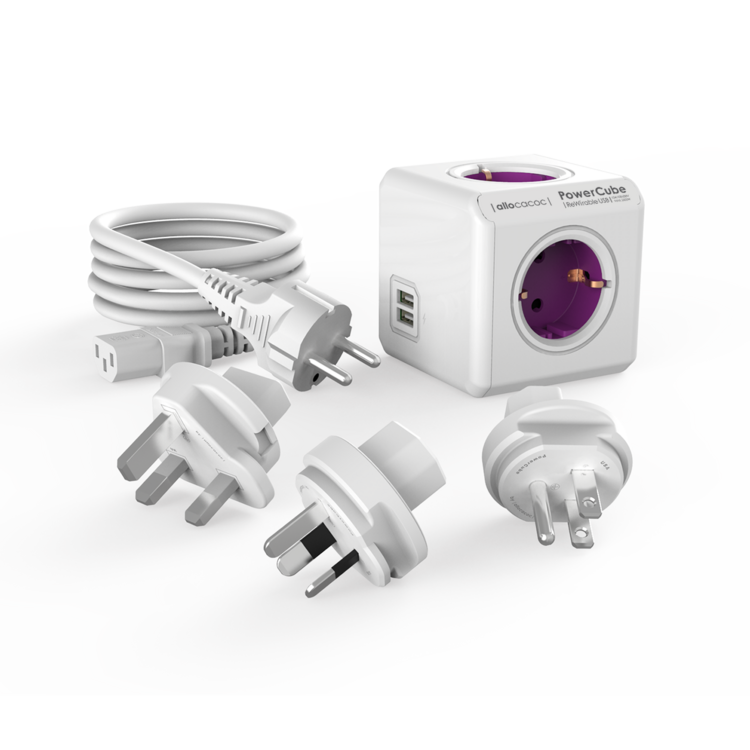 DesignNest Allocacoc PowerCube® |ReWirable| USB - Grey / 3x Travel Plugs + 1 IEC Cable