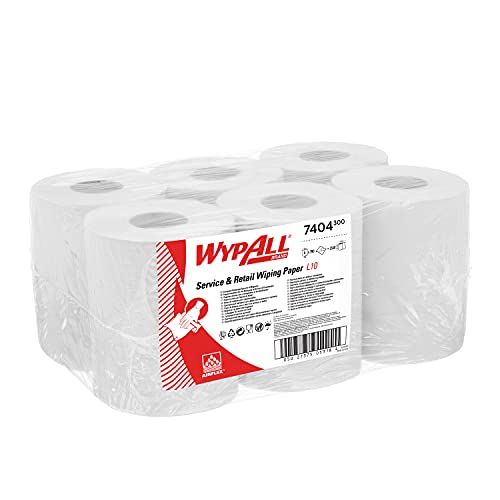 WypAll L10 papieren reinigingsdoekjes voor service en detailhandel 7404 – 1-laags rol met centrale verwijdering – 6 rollen met centrale verwijdering x 390 witte papieren doekjes (in totaal 2.340)