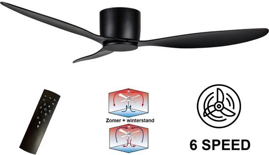 Ylumen Plafondventilator Brezza 132 cm - ventilator met afstandsbediening - 6 snelheden - ventilator voor lage plafonds - timer functie - fluisterstille ventilator - Zwart