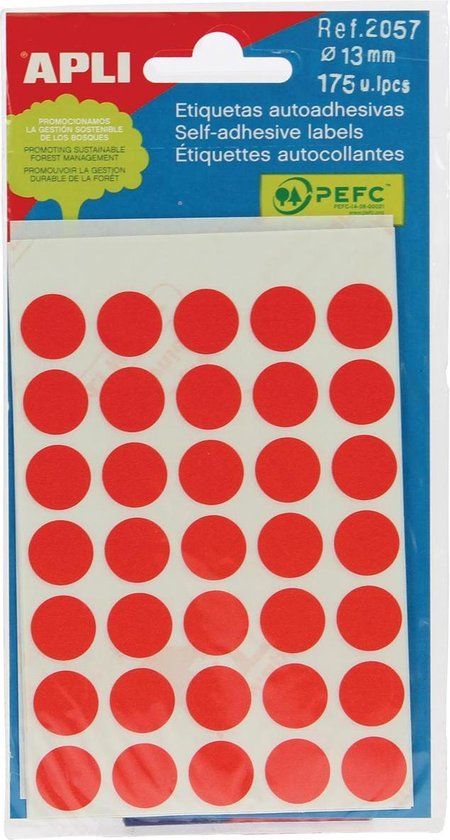 Apli ronde etiketten in etui diameter 13 mm, rood, 175 stuks