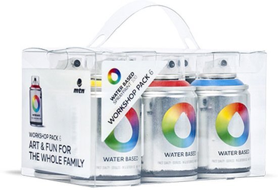 Montana-Colors MTN Water Based 100ml Workshop 6-Pack - Lage druk en matte afwerking - Geurloze en kindvriendelijke spuitverf voor binnen en buiten gebruik voor vele doeleinden zoals kinderfeestjes workshops graffiti hobby en kunst