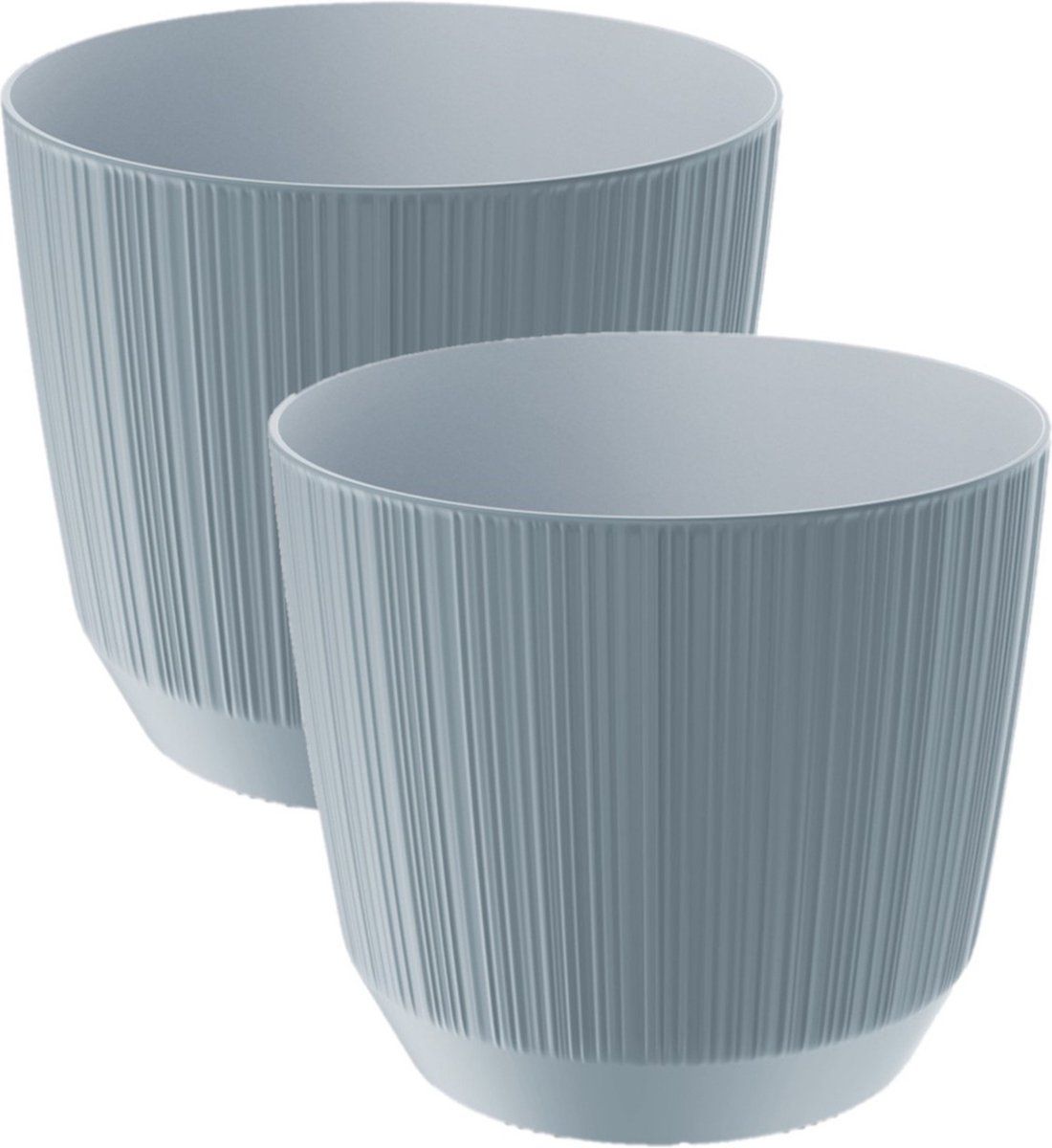 Prosperplast 2x stuks moderne carf-stripe plantenpot/bloempot kunststof dia 17 cm/hoogte 15 cm steengrijs voor binnen/buiten