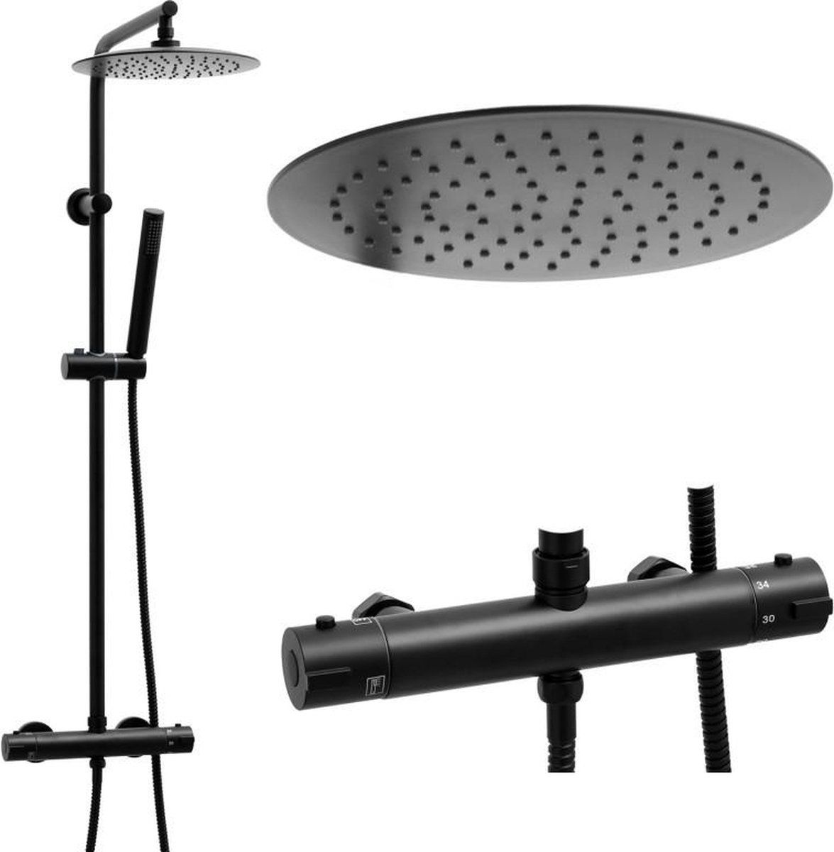 Viking Choice Doucheset - Zwart - met Regendouche 25cm en Thermostaatkraan