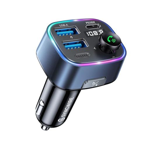 SYNCWIRE Bluetooth 5.3 FM-zender voor in de Auto, 48W Max Dubbele USB-autoladeradapter, Draadloze radio, LED-display, Handsfree bellen, Muziekspeler Ondersteuning USB-drive, Lichtschakelaar, Blauw
