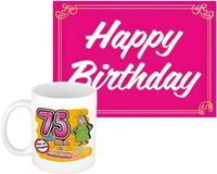 Bellatio Decorations Verjaardag cadeau koffiemok thema 75 jaar - voor een vrouw - wilde haren - met knalroze Happy Birthday wenskaart - A5 formaat