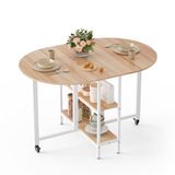 Mondeer Mobiele opvouwbare eettafel, klaptafel met 2 open opbergplanken, ronde randen, kleine ruimtes, eetkamer, keuken, 120 x 80 x 75 cm, eiken en wit