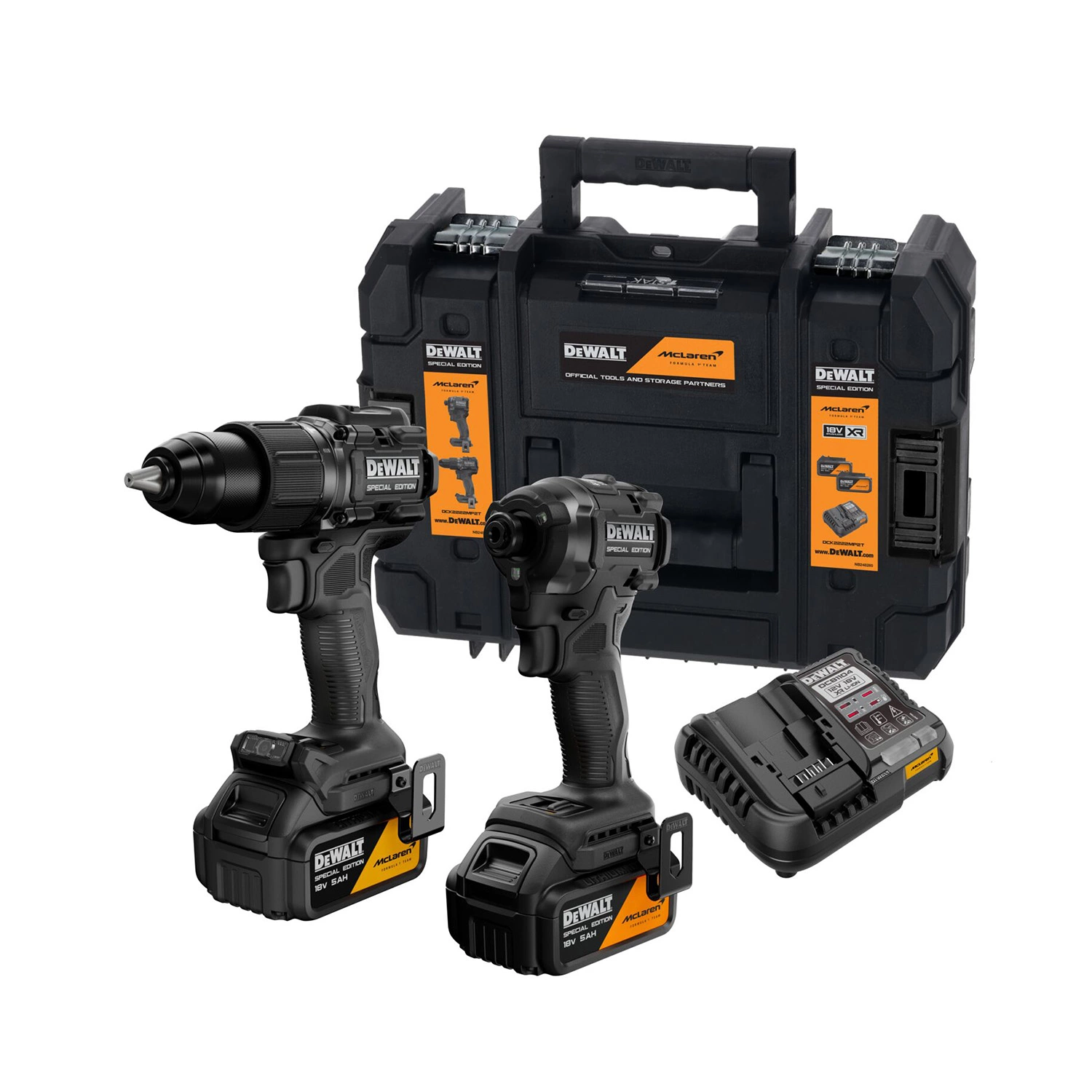 DeWALT DCK2222MP2T-QW | XR x McLaren brushless 2-delige accu combiset 18V in TSTAK (2x 5.0Ah accu + lader) - DCK2222MP2T-QW