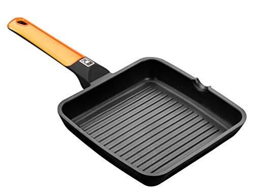 Braisogona Efficiënte aluminium vierkante geribbelde grill met handvat en lijnen, 22 cm, oranje