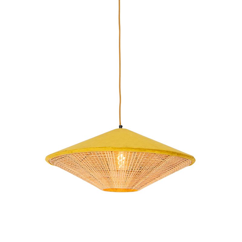 QAZQA Frills Can Hanglamp - Geel Velours & Riet - Ø 60cm