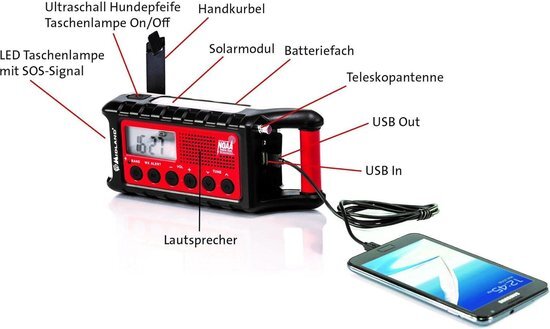 Multifunctionele noodradio powerbank - AM/FM-radio - dynamo zaklamp - oplaadbare batterijen - USB kabel