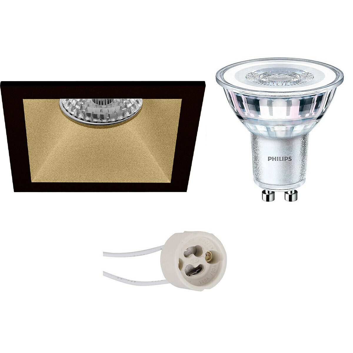 BES LED LED Spot Set - Pragmi Pollon Pro - GU10 Fitting - Inbouw Vierkant - Mat Zwart/Goud - Verdiept - 82mm - Philips - CorePro 830 36D - 4.6W - Warm Wit 3000K