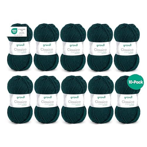 Gründl WolClassico, dikke wol voor breien en haken, breigaren, zacht en huidvriendelijk, 50% merinowol, 50% polyacryl, 10 bollen 50 g / 120 m, naalddikte 3,5, 4,5 - dennenboom