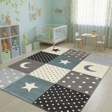 TapisTrend Kinderkleed Blauw 120x170 cm geruit vloerkleed met reliëf van sterren, manen en stippen voor de kinderkamer en speelkamer