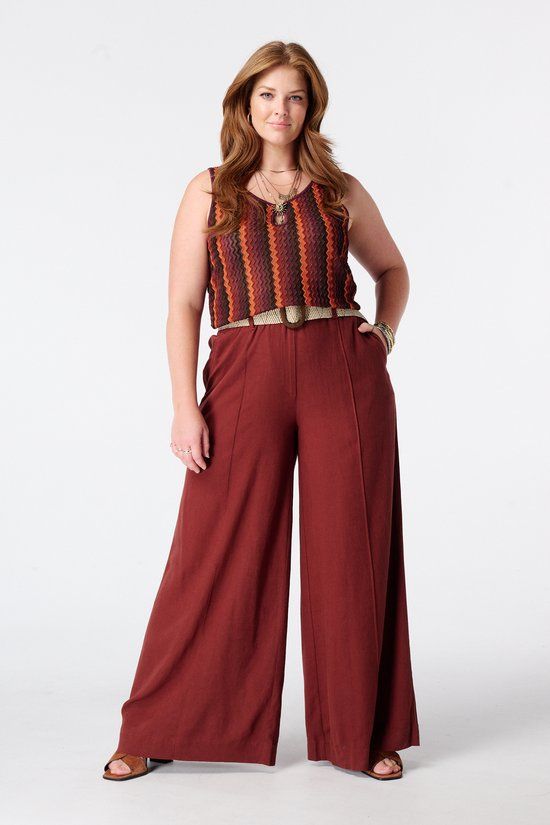 MS Mode Broek Linnen wide leg broek met ceintuur Gebrand rood 48