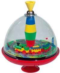 Lena tin toys 52301 - Doorzichtige draaitol met trein Ø 19 cm, kunststof bromtol, klassieke druktol, pomptol met locomotief, draaitol met voet, speelgoeddraaitol voor kinderen vanaf 18 maanden