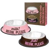 Fisura - Set van 2 roestvrijstalen kattenbakjes "Meow, Please", antislip model, bruin en roze, 500 ml voor voer en 1000 ml voor water, stijlvol maaltijdaccessoire.