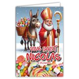68-1335 Vive 68-1335 Kaart met envelop, Vive Sinterklaas met grijze ezel, 6 december, goed feest van schoolkinderen, wijze kinderen, zoals afbeeldingen om te verzamelen voor jongens en meisjes, bombons, gemaakt in Frankrijk