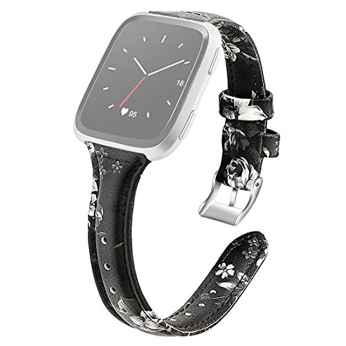 Qubix Fitbit Versa 1/2 & Lite Bandje TPU Leer - Bloemenprint Zwart/Grijs