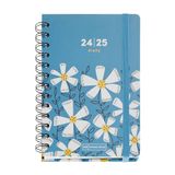 Miquelrius Schoolagenda 24-25, september 2024 tot augustus 2025, formaat 125,5 x 178 mm, dubbele metalen spiraal, gevoerde kartonnen omslag, elastische sluiting, Spaans en Engels, blauwe madeliefjes