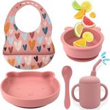 Merkloos / Sans marque Shenzhen Haorui Industrial Technology Co., Ltd. Kinderservies set met zuignap - babybord met zuignap + anti-slip kom + lepel en slabbetje van siliconen + drinkbeker baby - BPA-vrij - babybord met zuignap