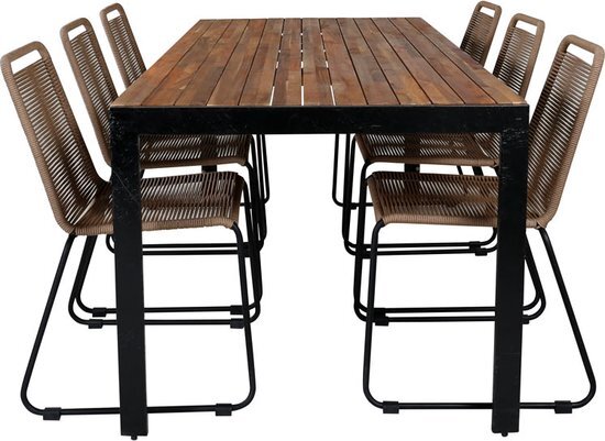 Bois tuinmeubelset tafel 90x205cm en 6 stoel stapelL Lindos zwart, naturel.