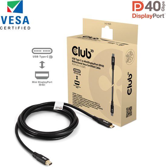 Club 3D USB-C naar Mini DisplayPort DP40 bidirectionele VESA-gecertificeerde kabel 2 m