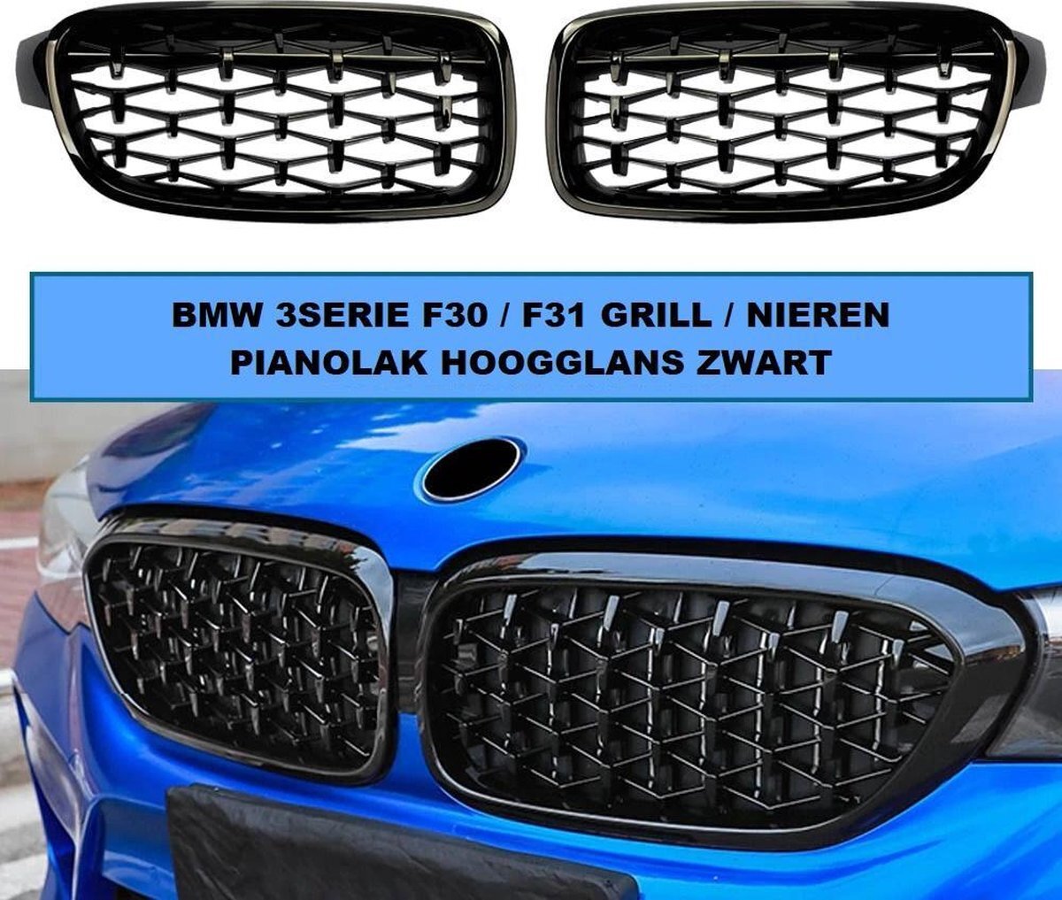 No Name Sport Grill Diamond Look Nieren Bmw F30 F31 3 Serie Hoogglans Pianolak Glans Zwart M3 Look G20 Look Exclusieve look 316i 320i 328i 330i 335i 340i 320D 330D 335D Touring