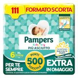 Pampers Baby Dry XL, maat 6 (15-30 kg), 111 luiers voor kinderen | voorraadmaat, anti-schoorsteen, droog tot 12 uur, versterkte en omhullende lipjes, 500 punten gratis