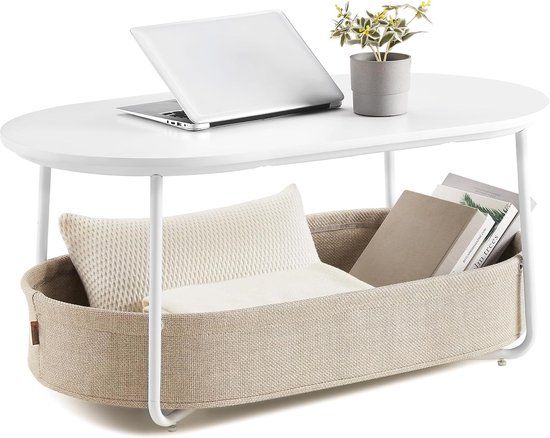 VASAGLE Oval Coffee Table - 100x55 cm - with Storage Basket - Fabric - White with Brown