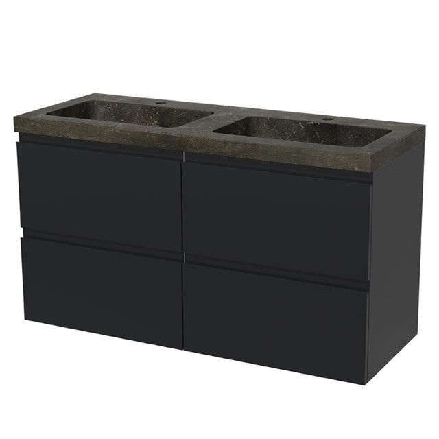 Maxaro Badkamermeubel 120cm Modulo Mat Zwart 4 lades Greeploos Wastafel Natuursteen Blue Stone