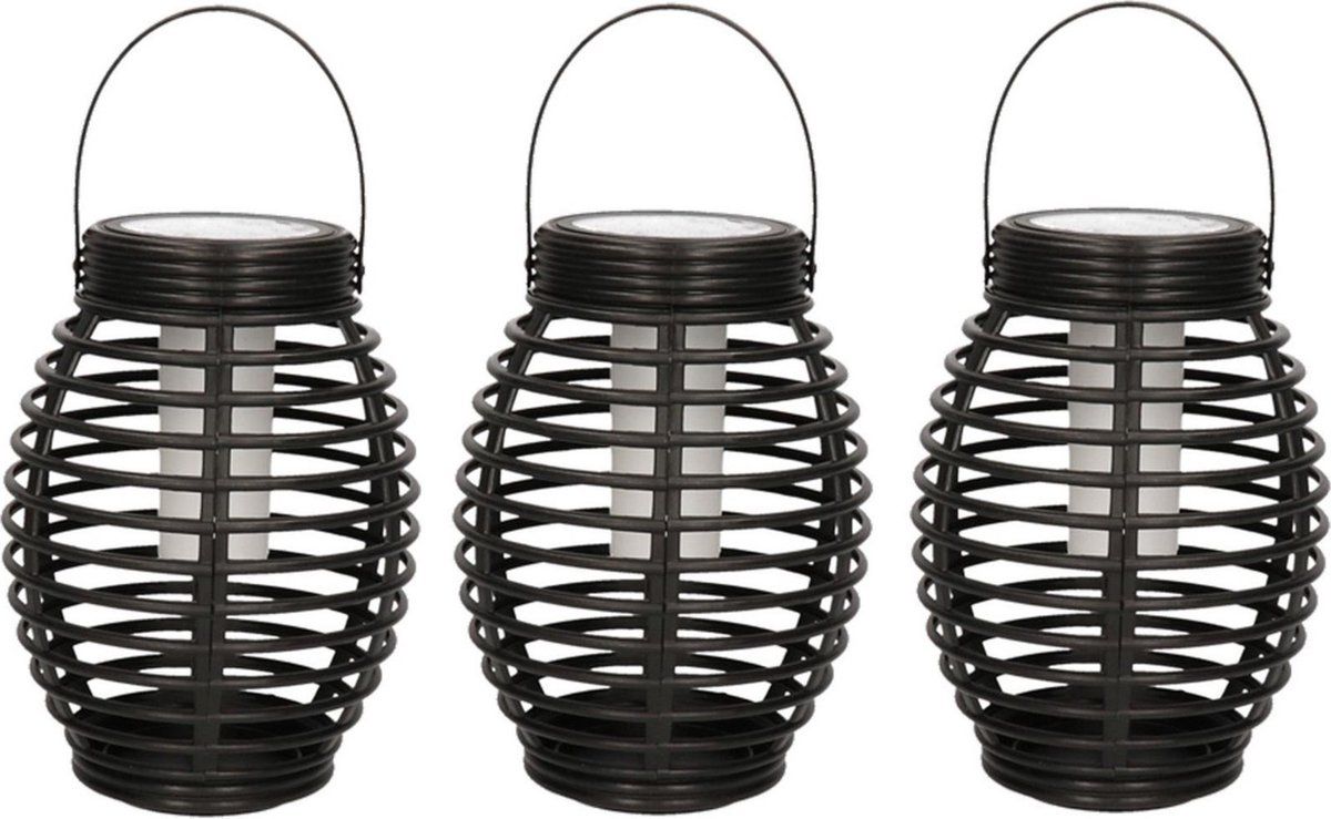 Anna's Collection 3x Zwarte ronde solar lantaarns met vlam effect 19 cm - Tuinverlichting - Solarlampen op zonne-energie