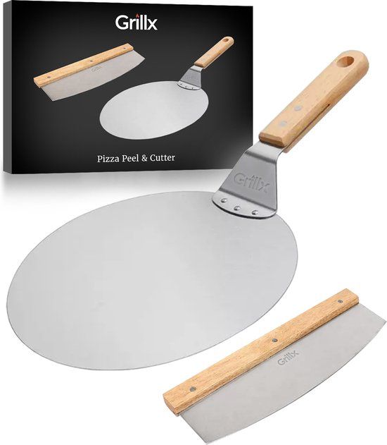 GrillX Pizzaschep met Pizzasnijder - 30cm - Hout/Verchroomd