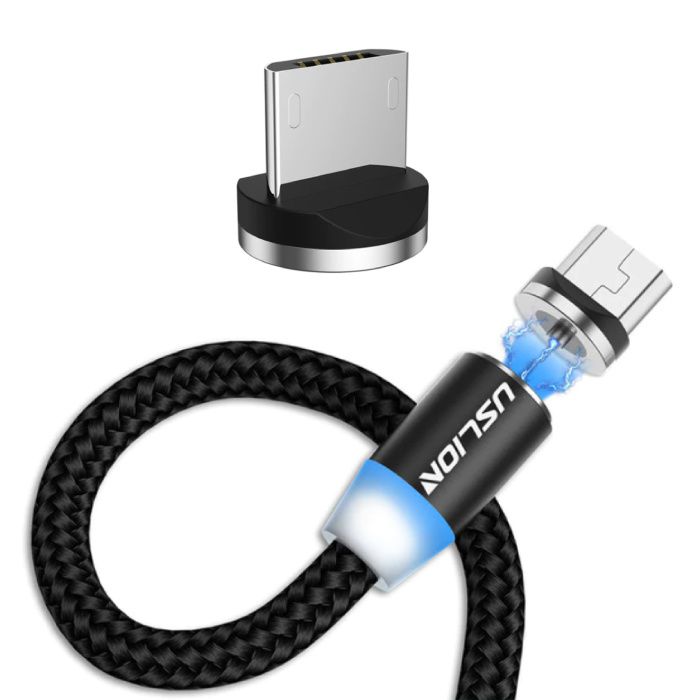 USLION Micro-USB Magnetische Oplaadkabel 2 Meter - Gevlochten Nylon - Zwart