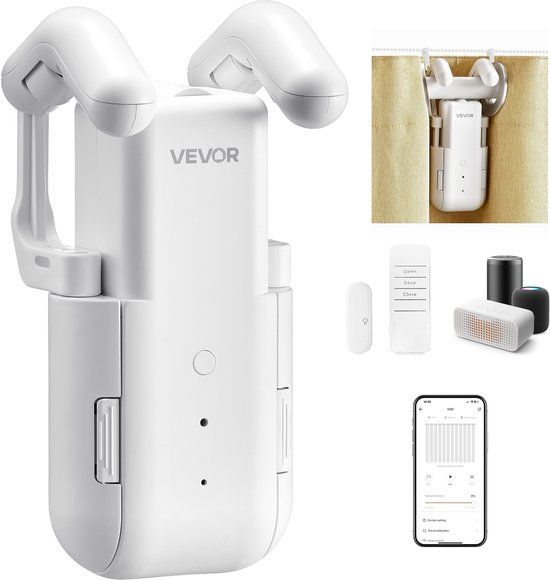 Vevor Automatische Gordijnopener (Bediening Via App & Afstandsbediening) Elektrische Gordijnopener, Compatibel met Alexa & Google Home, met Stille Modus & Timer, voor Romeinse Gordijnroedes