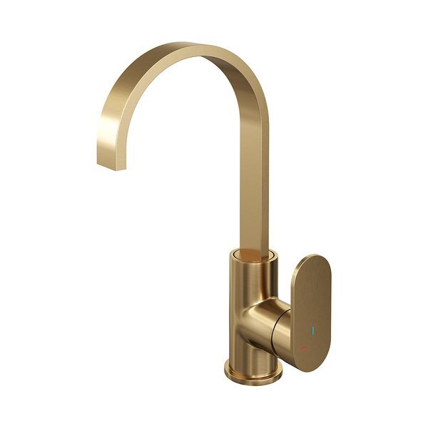 Brauer Gold Edition Wastafelmengkraan hoog model platte uitloop type S1 greep ColdStart messing geborsteld goud 5-GG-003-S1