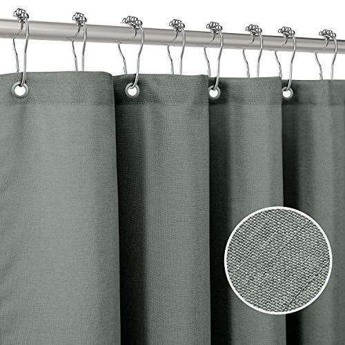 VANZAVANZU Linnen douchegordijn met metalen douchegordijnringen, stof, textiel, badgordijn, anti-schimmel, badgordijnset waterdicht, zwaar douchegordijn, voor badkamer, 182 x 182cm (grijsgroen)