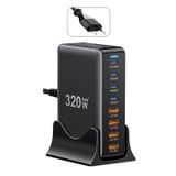 Essager Chargeur de bureau GaN 320W - 4x ports USB-A et 4x ports Type-C, prise UE - Noir