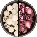 Kaemingk B.V. Boules de Noël Laine Blanc et Rose - 74x pièces - 6 cm - Plastique - incassable - décoration de Noël