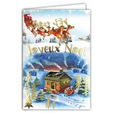 Afie 61-5673 Kerstkaart met envelop en verguld in glanzend goud, glinsterend, slee, rendier, kerstman, distributie van geschenken, open haard, huis, onder de sneeuw, dennenboom